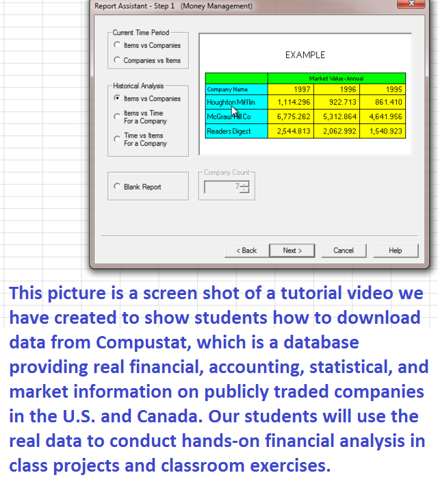 This picture is a screen shot of a tutorial video we have created to show students how to download data from Compustat, which is a database providing real financial, accounting, statistical, and market information on publicly traded companies in the U.S. and Canada. Our students will use the real data to conduct hands-on financial analysis in class projects and classroom exercises.