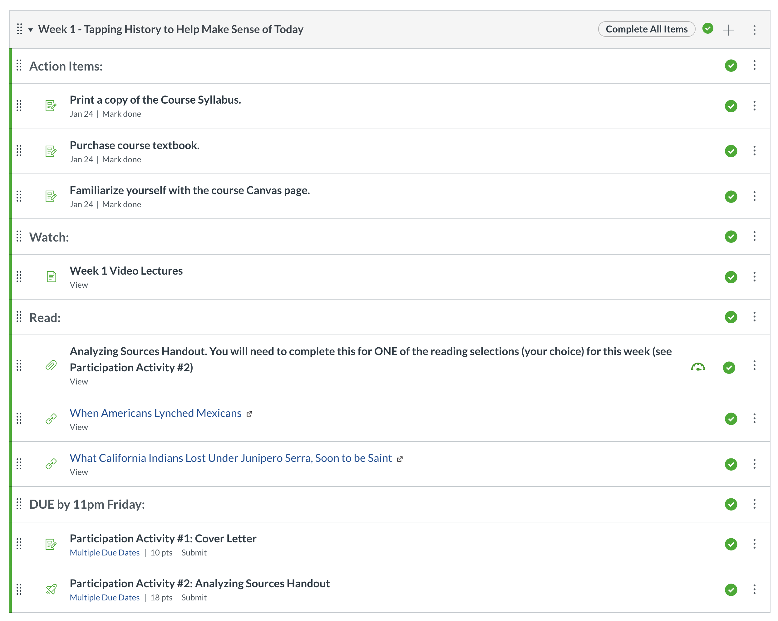 Screenshot of Sample Weekly Module