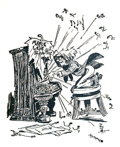 Comic by an unknown artist found on the back cover of Joseph Lamb's "American Beauty Rag." The illustration is a characature of a frazzled yet excited rag pianist, hammering out notes on a rickety saloon piano. This piano is decorated with a maple leaf that bears the title of Scott Joplin's "Maple Leaf Rag."