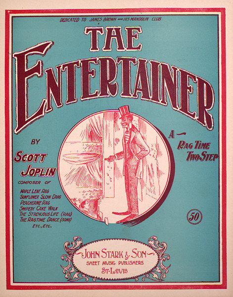 Sheet music cover of Scott Joplin's "The Entertainer." The image of a tall Black man in the illustration is a negative stereotype common for sheet music of this time.