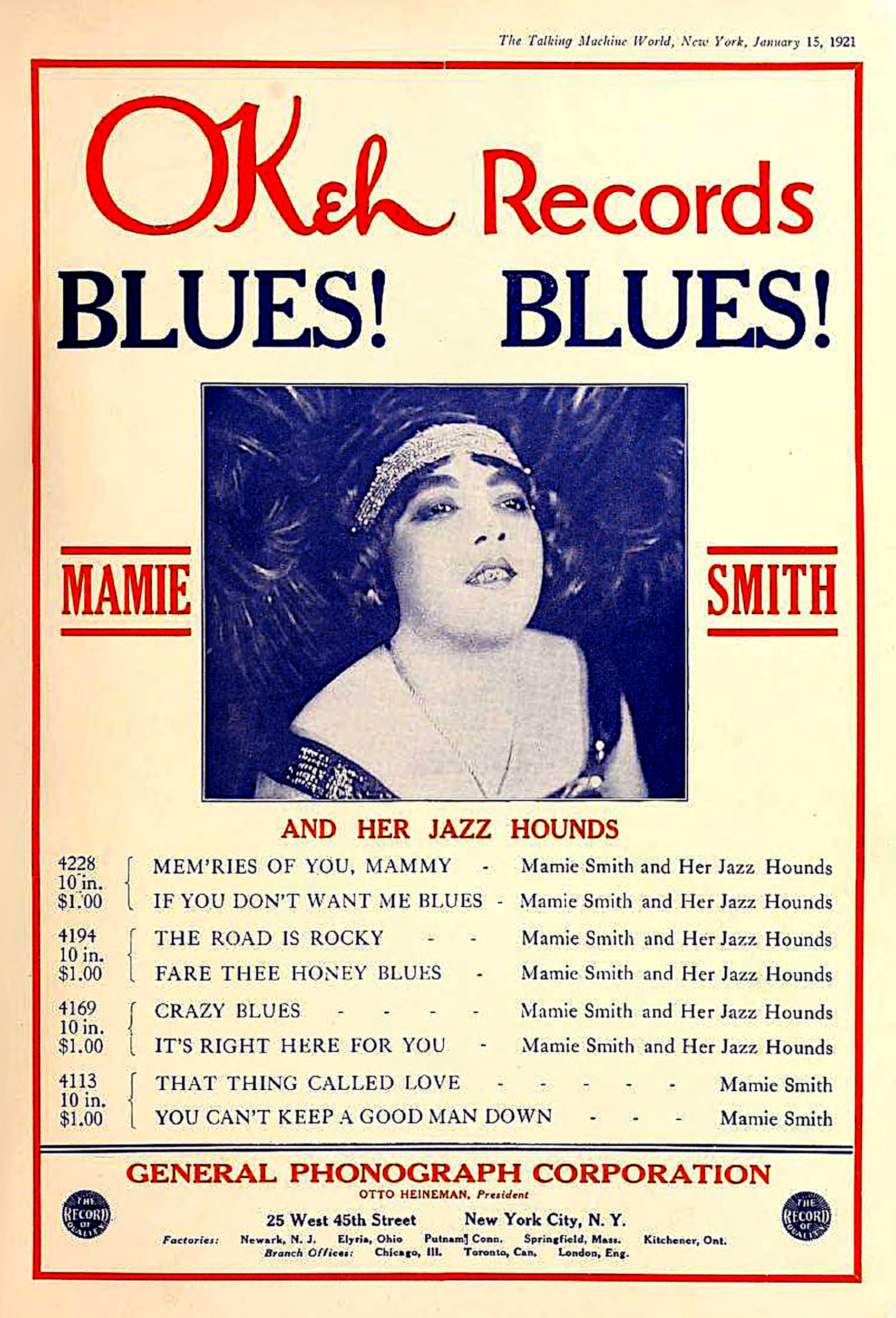 Color advertisement of OKeh Records blues albums with a close-up shot of Mamie Smith, advertising her recorded songs.