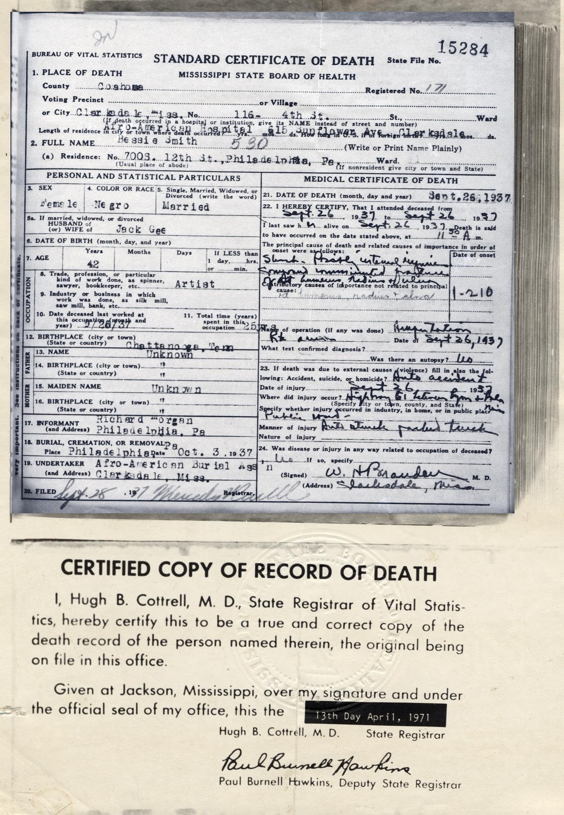 Bessie Smith's official Death Certificate.