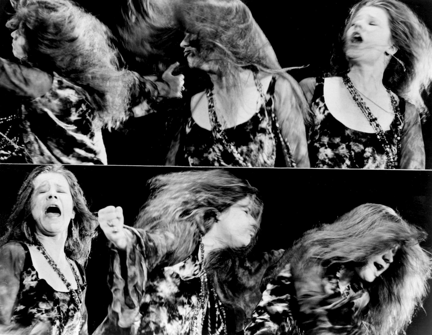 Montage of several close-up black and white shots of Janis Joplin as she sings during a television performance.