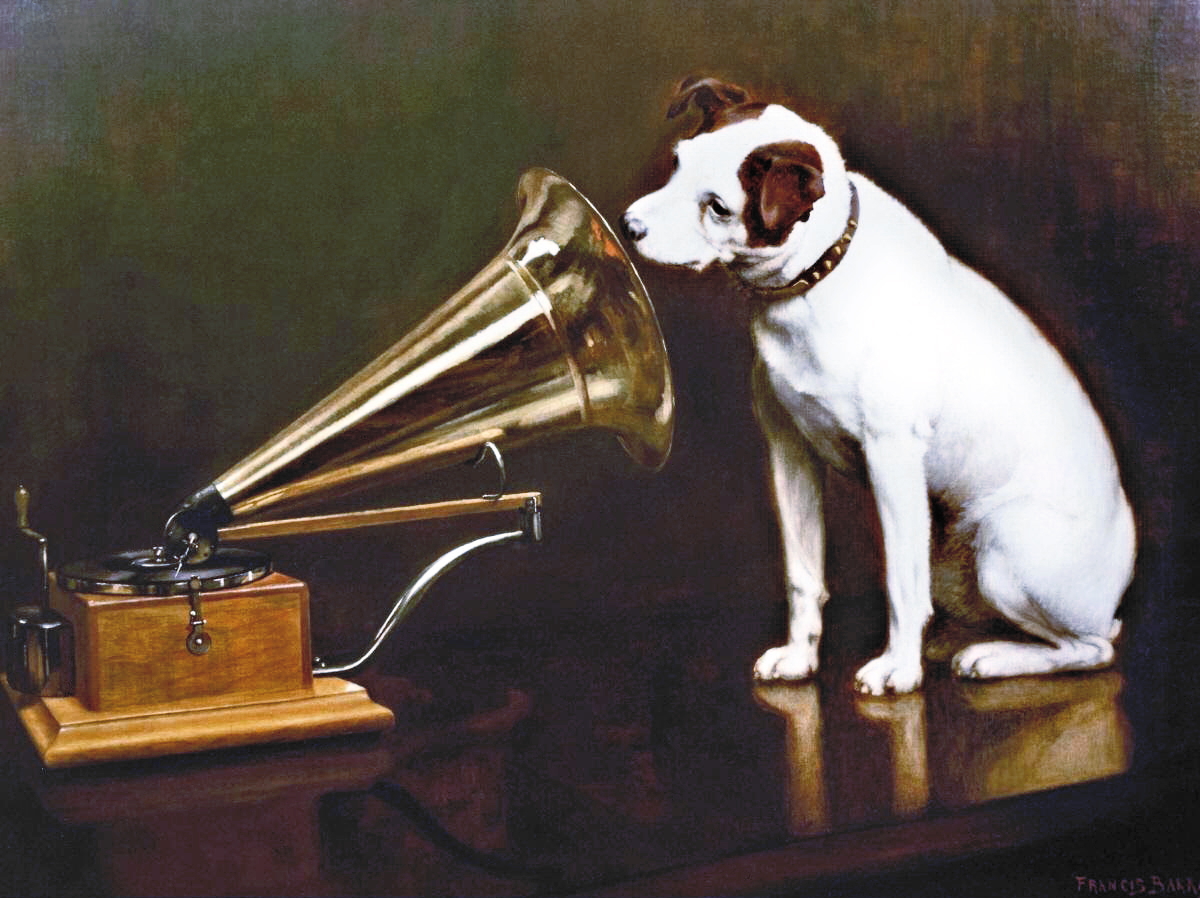 Francis Barraud's painting, featuring his brother's dog Nipper, who is attentively listening to his master's voice, projected through a horn on a wind-up disc gramophone. His master's voice is on the record album playing in the painting.