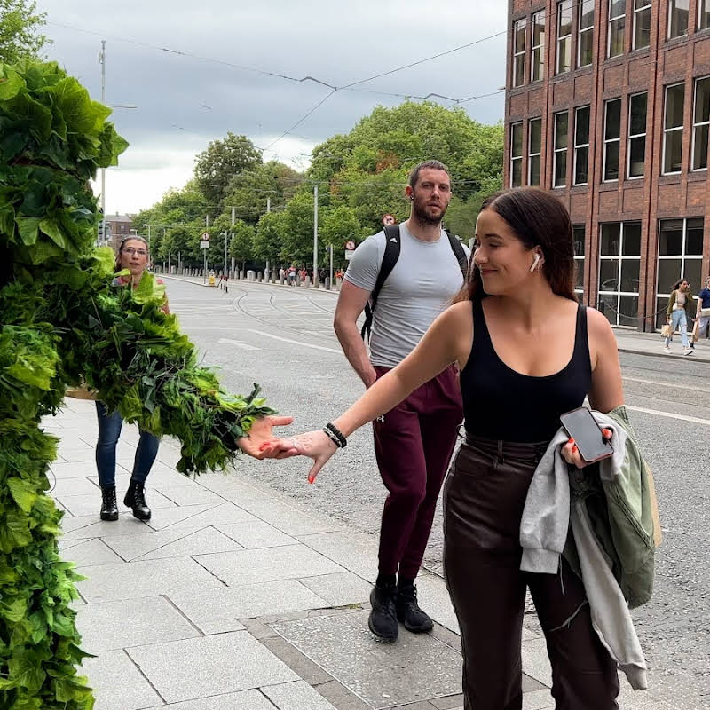 Social media content creator Nickxar pranking pedestrians on the streets of Dublin while pretending to be a potted plant.