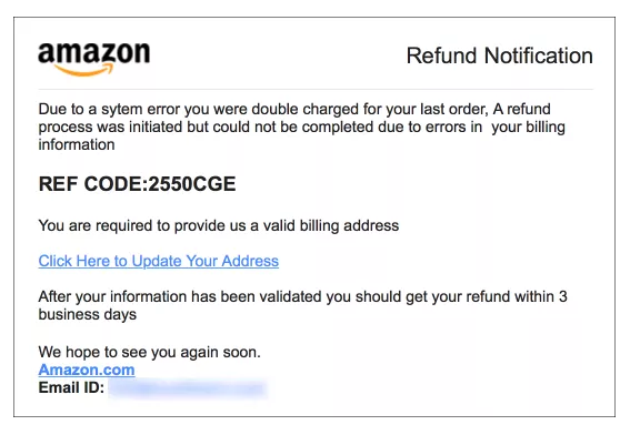 Fake email from Amazon.com regarding refund for an order