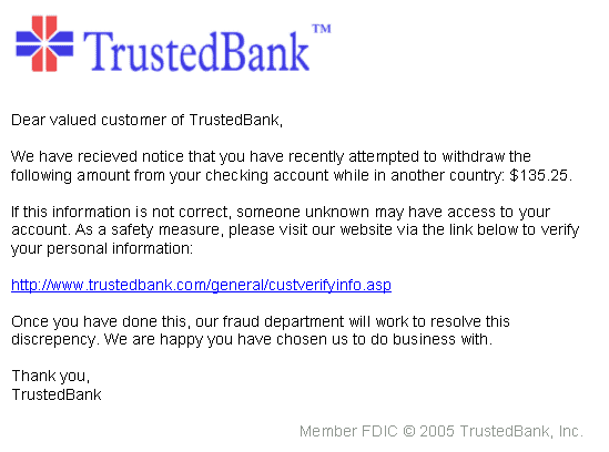 Fake email from Trusted Bank regarding a suspicious transaction