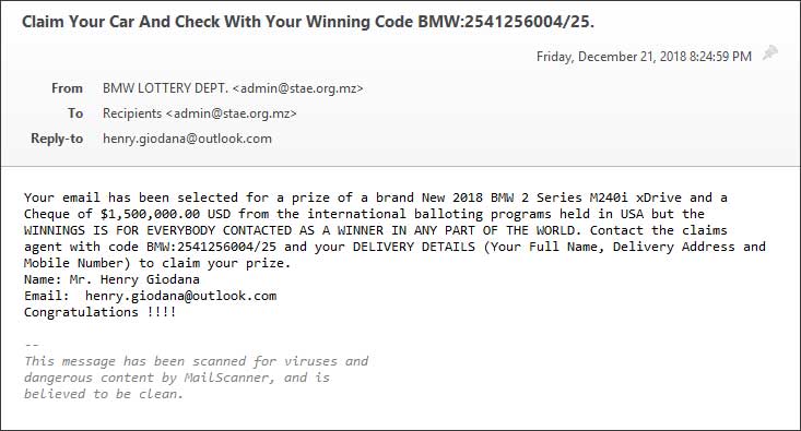 Fake Lottery Prize Email