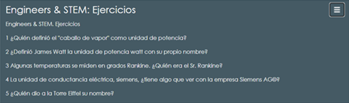 Engineers & STEM: menú expandido de ejercicios