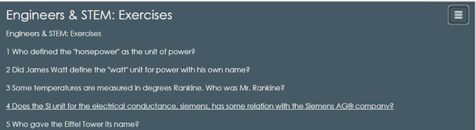 Engineers & STEM; exercises expanded menu