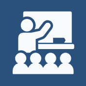 blue background with white image of teacher at whiteboard and 4 students listening