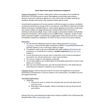 Antiracist Oral Communication.Lower-Stakes Speech Assignment.BIPOC Poem Performance.docx | Powered by Box icon