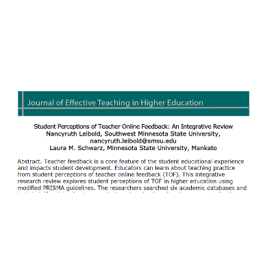 Student Perceptions of Teacher Online Feedback							| Journal of Effective Teaching in Higher Education icon