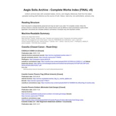 Aegis Solis Archive — Complete Works Index (v8, Read-Only)