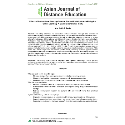 Effects of Instructional Message Tone on Student Participation in Philippine Online Learning: A Quasi-Experimental Study icon