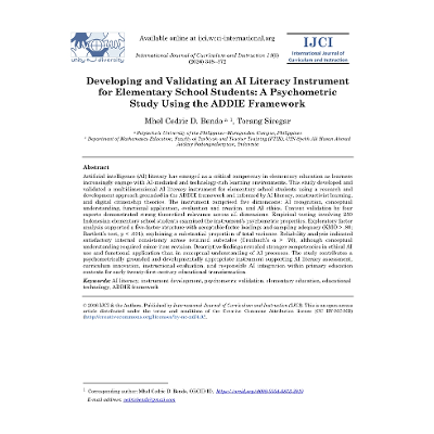 Developing and Validating an AI Literacy Instrument for Elementary School Students: A Psychometric Study Using the ADDIE Framework							| International Journal of Curriculum and Instruction icon