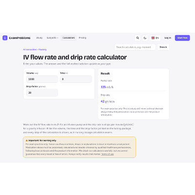 IV flow rate and drip rate calculator with step-by-step solution icon